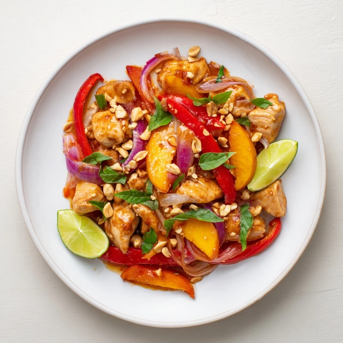 Vibrant Thai peach chicken stir fry featuring tender chicken ripe peaches and crisp vegetables in glossy sauce