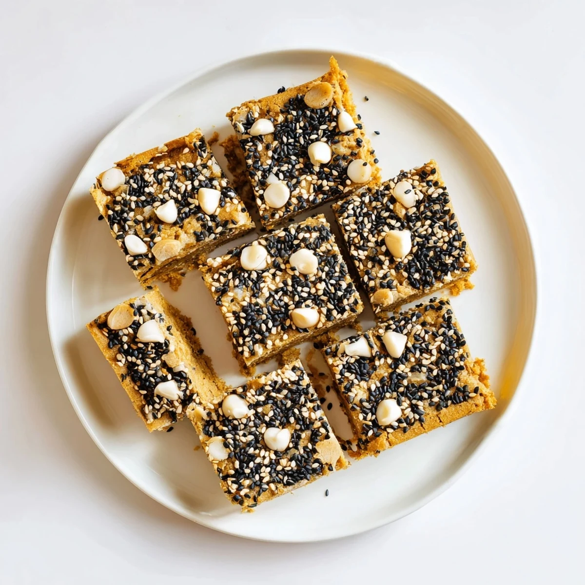 Chewy black sesame blondies speckled with toasted seeds and topped with white chocolate chips