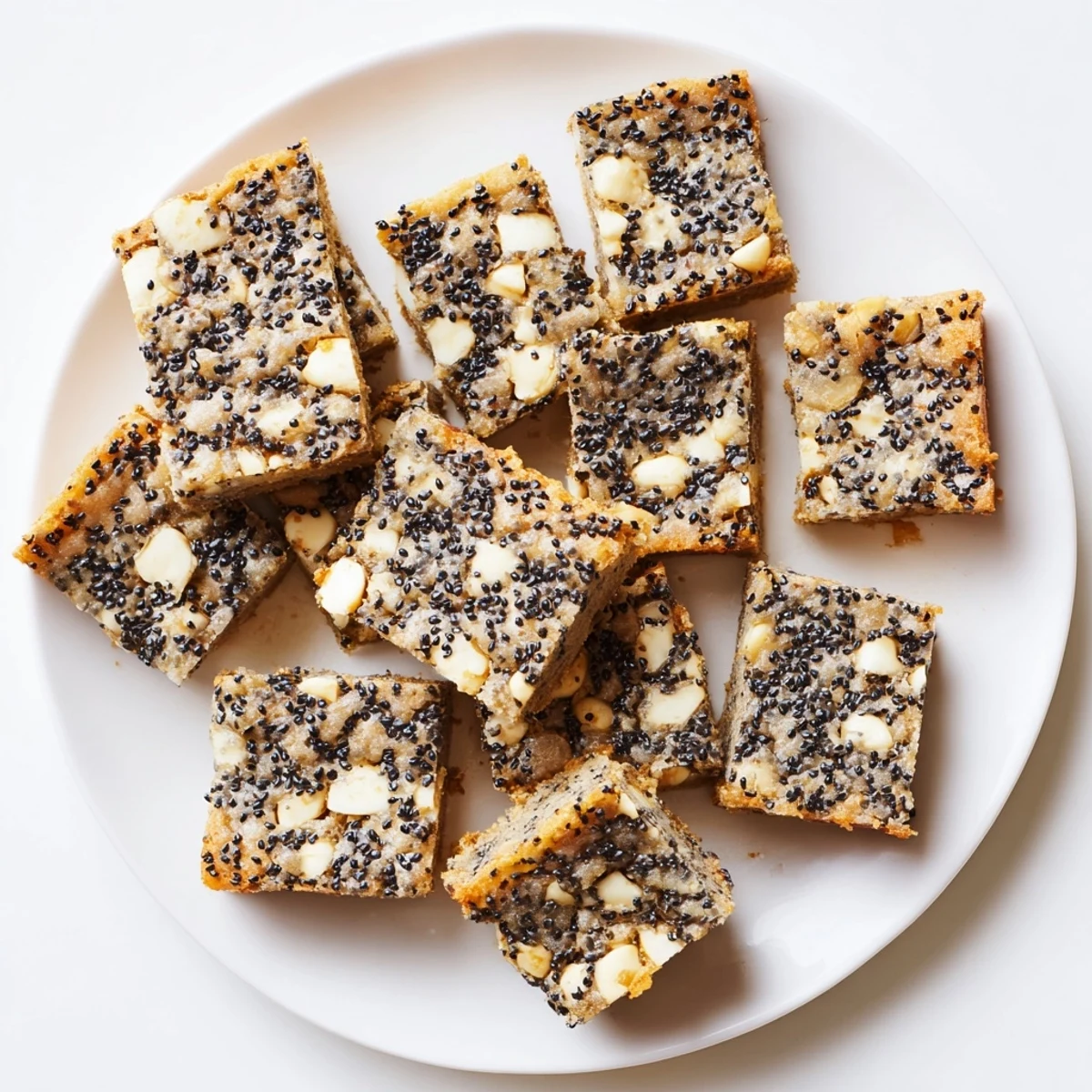 Square pan of black sesame blondies cut into pieces with textured sesame seed topping