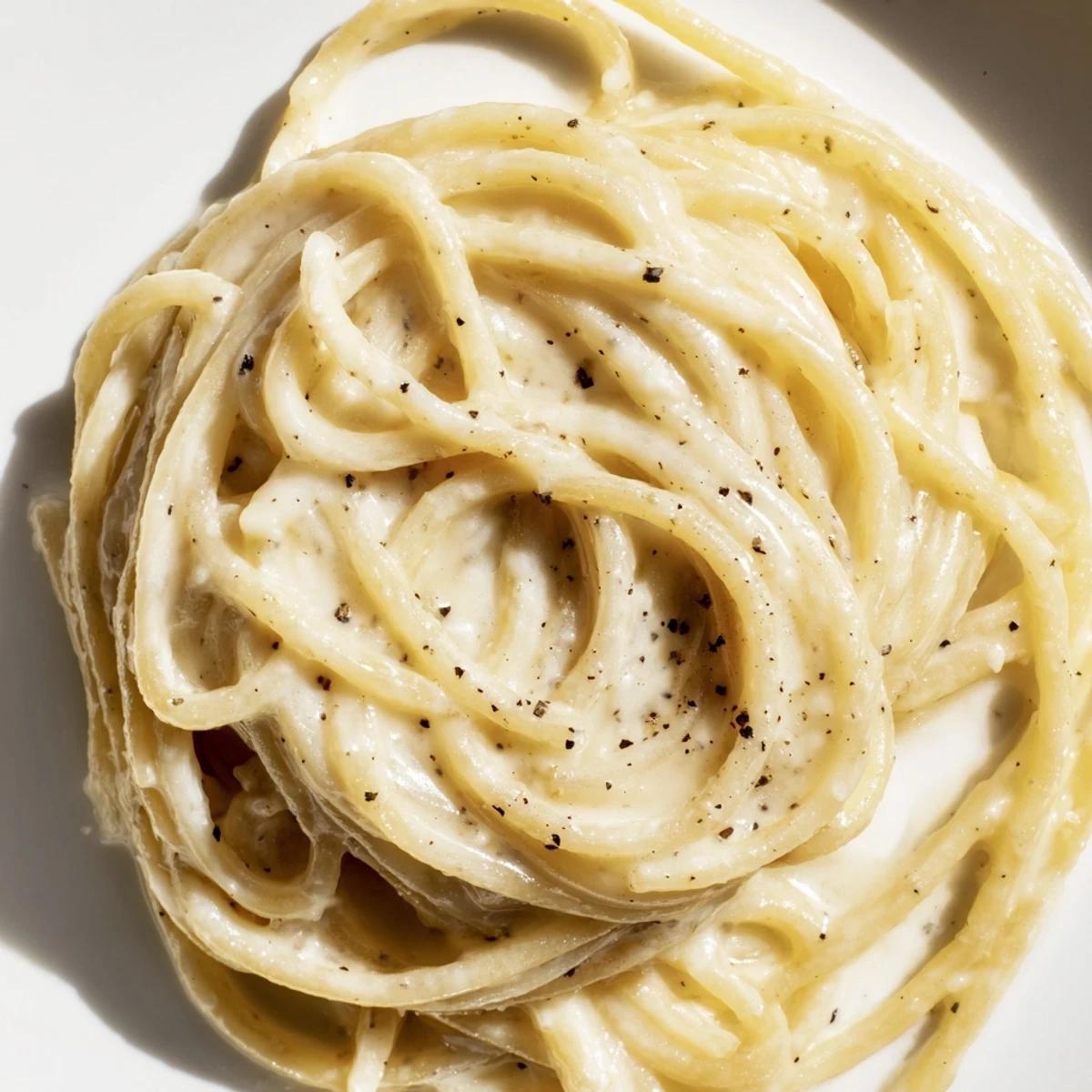 Creamy Cacio e Pepe pasta coated in melted Pecorino Romano with freshly ground black pepper