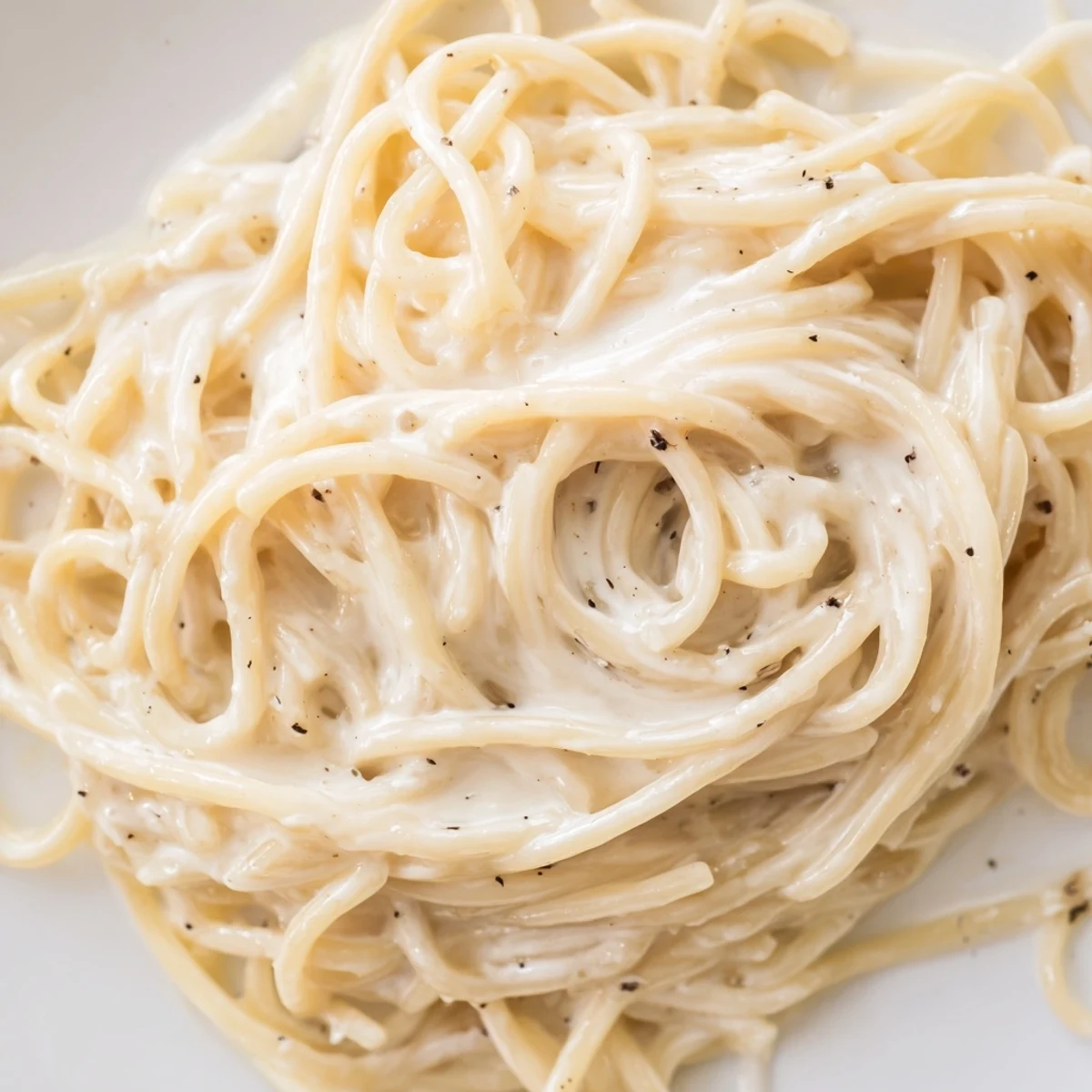 Steaming plate of Roman Cacio e Pepe spaghetti with glossy cheese sauce and dark pepper specks