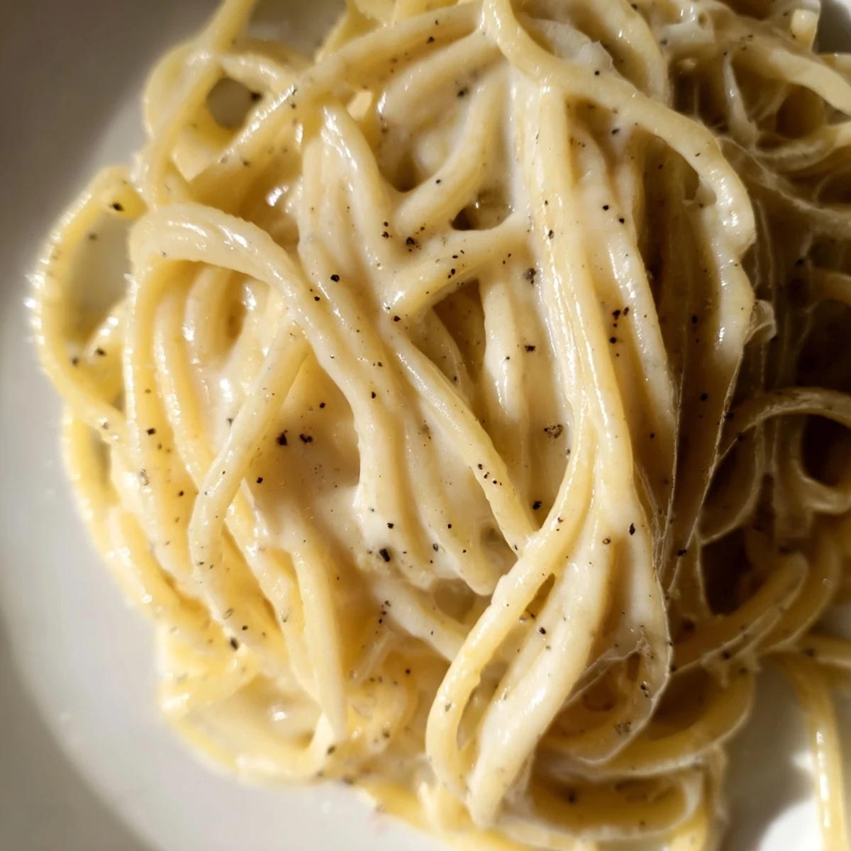 Twirled forkful of Cacio e Pepe pasta showing silky Pecorino sauce clinging to each noodle
