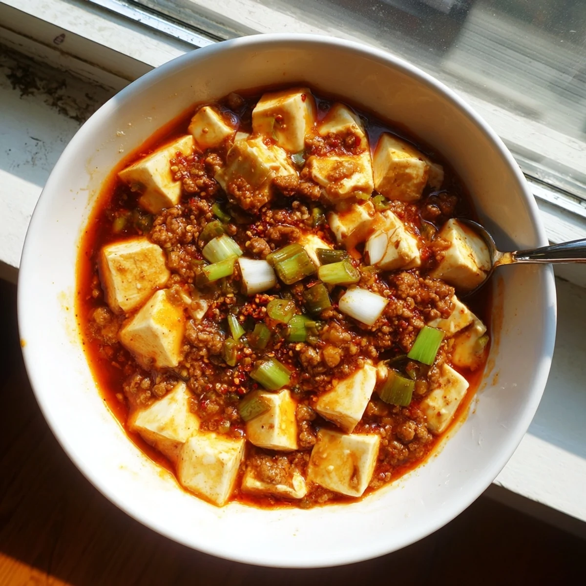 Silky tofu cubes and ground pork simmered in spicy Mapo Tofu sauce with scallion garnish