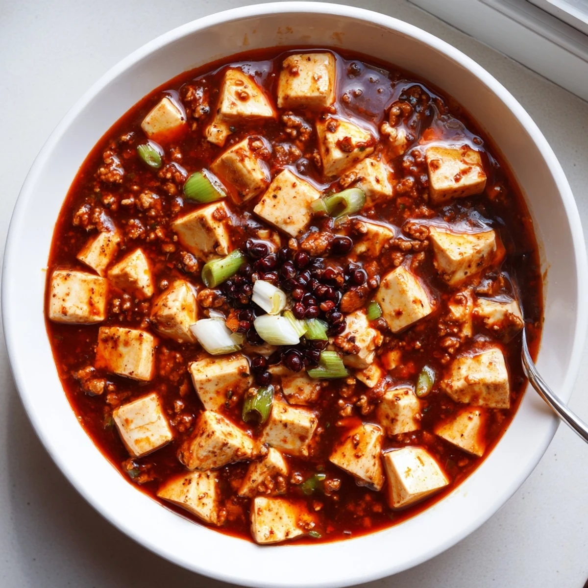 Steaming bowl of authentic Mapo Tofu featuring numbing Sichuan peppercorns over fluffy white rice