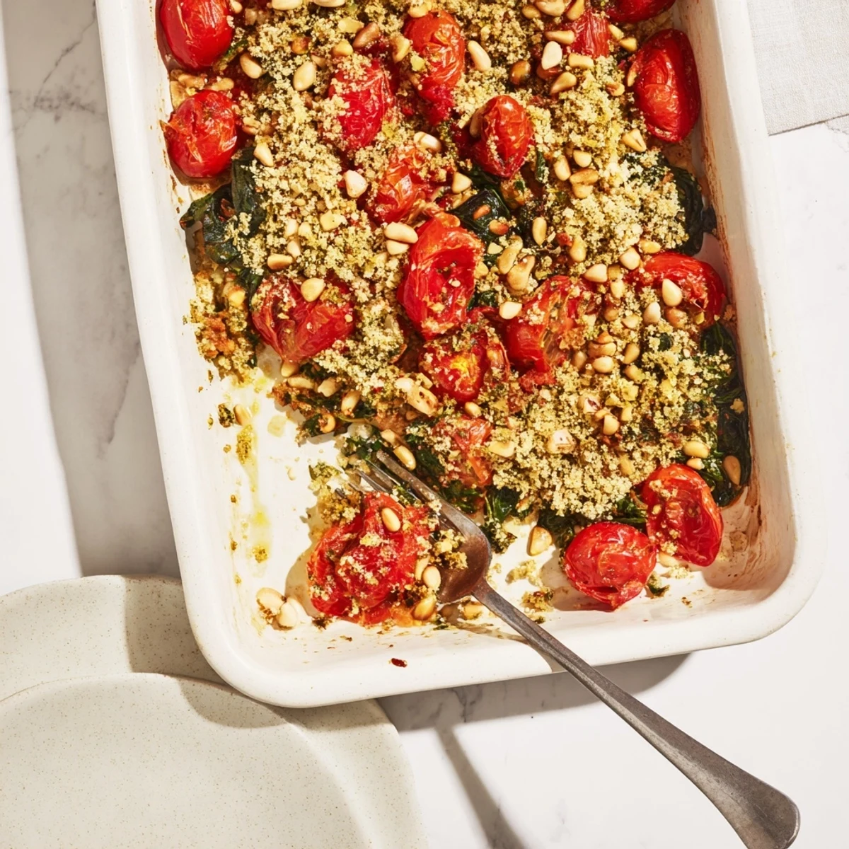 Golden vegetarian creamy tomato spinach and pine nut bake fresh from oven