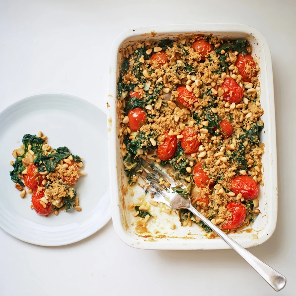Creamy tomato spinach and pine nut bake with bubbling cheese and toasted topping