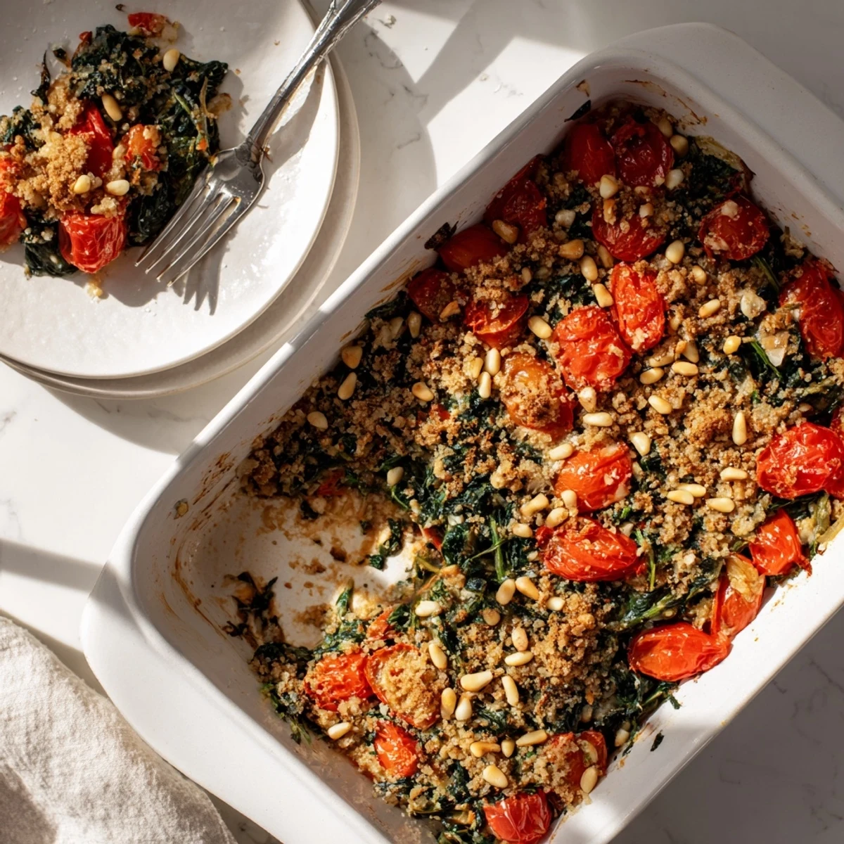 Mediterranean style creamy tomato spinach and pine nut bake served in rustic dish