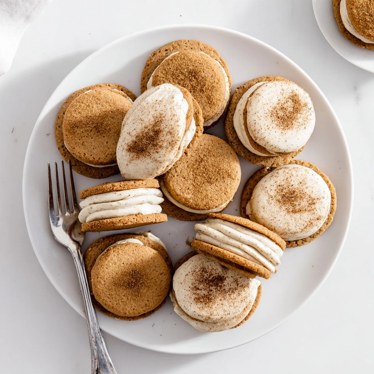 Golden chai shortbread cookie sandwiches filled with creamy spiced frosting on a white plate