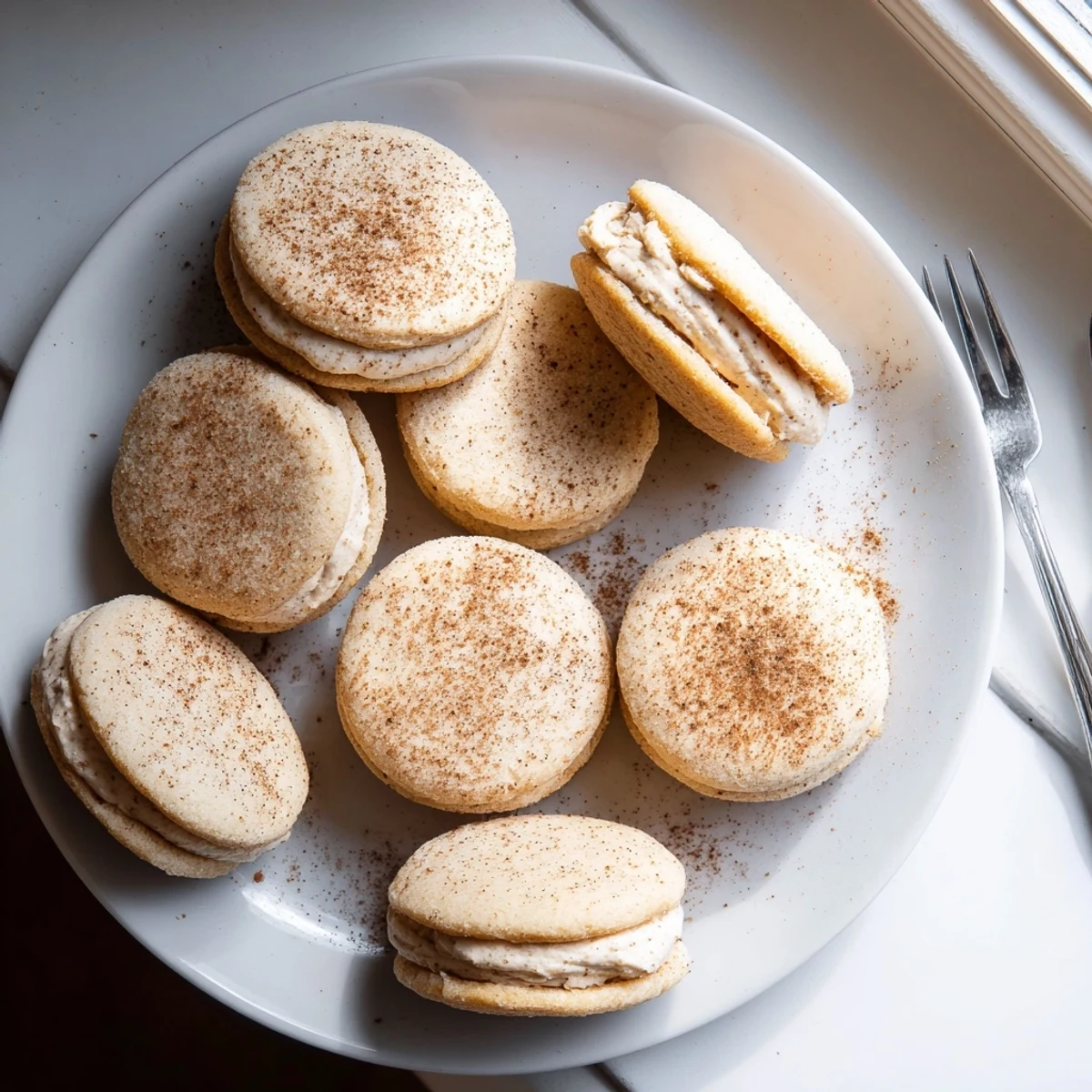 Stack of warm spice-infused shortbread sandwich cookies dusted with powdered sugar on wooden board