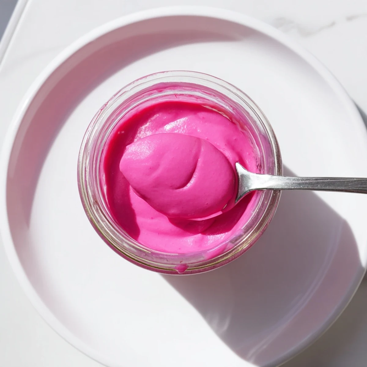 Glossy pink lemon curd spooned into a glass jar with fresh pink lemon slices on the side