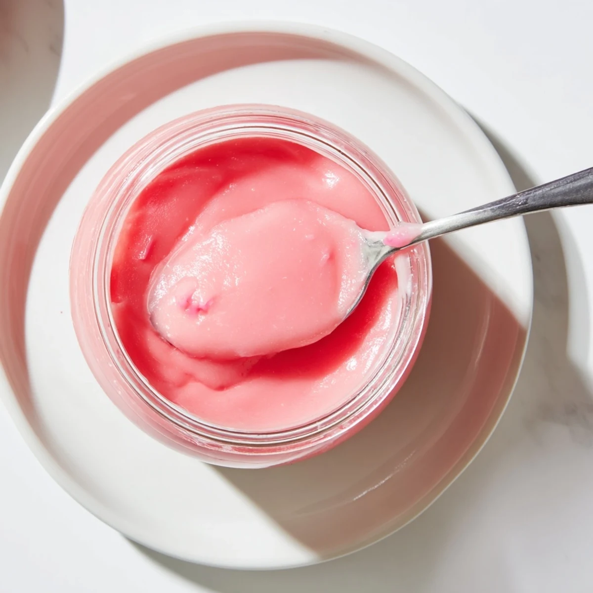 Creamy homemade pink lemon curd spread generously on a warm scone with scattered lemon zest