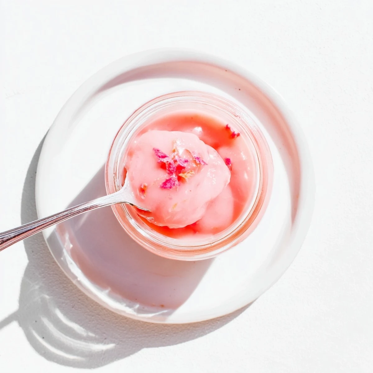Silky vibrant pink lemon curd dolloped onto a white ceramic plate with a silver serving spoon