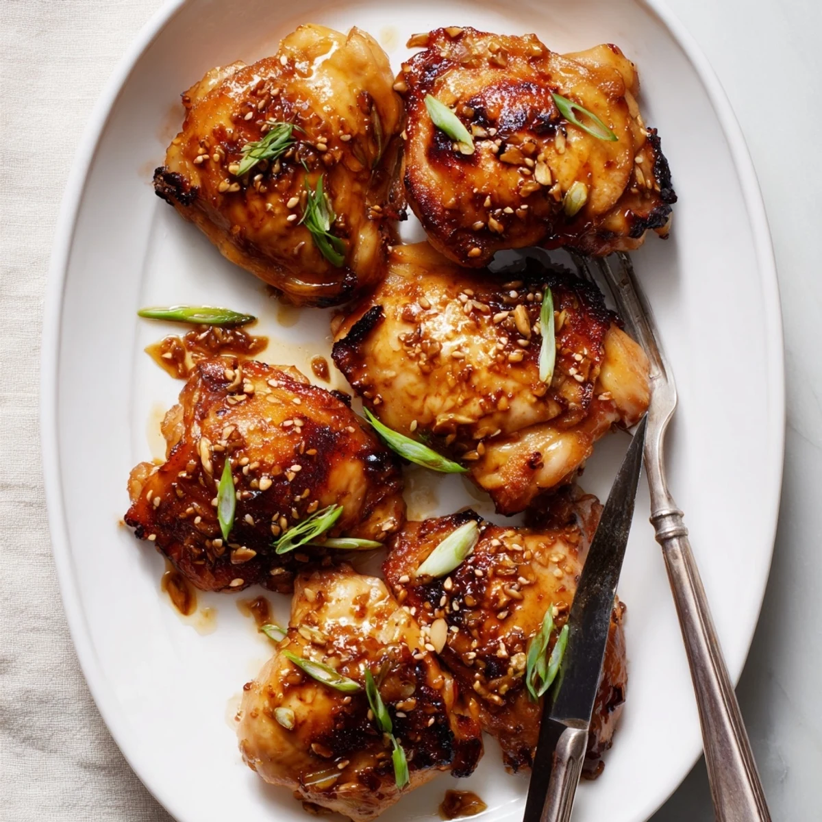 Golden brown five spice chicken thighs roasted to perfection with crispy skin and garnished with fresh scallions