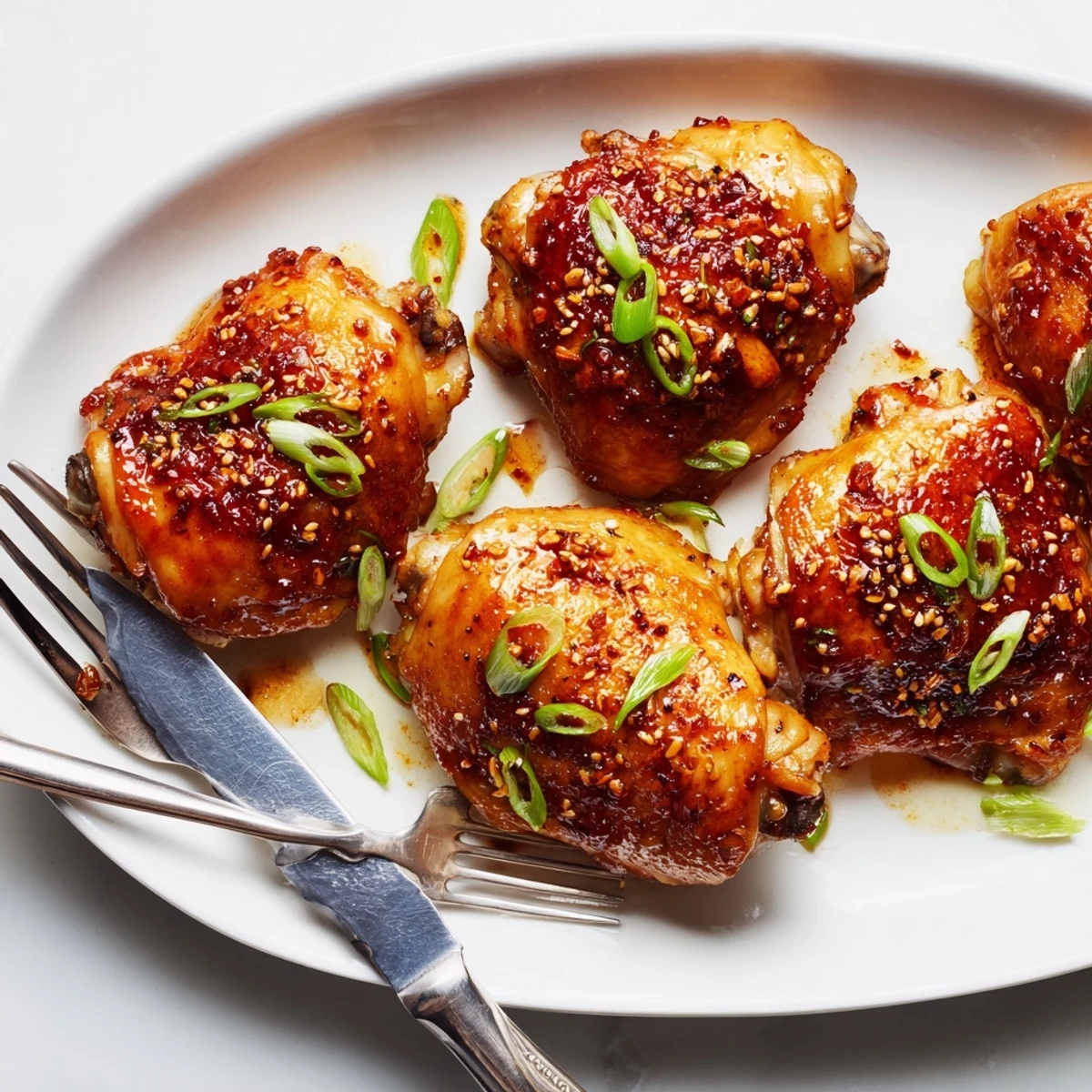 Savory five spice chicken pieces resting on a white plate scattered with toasted sesame seeds and sliced green onions