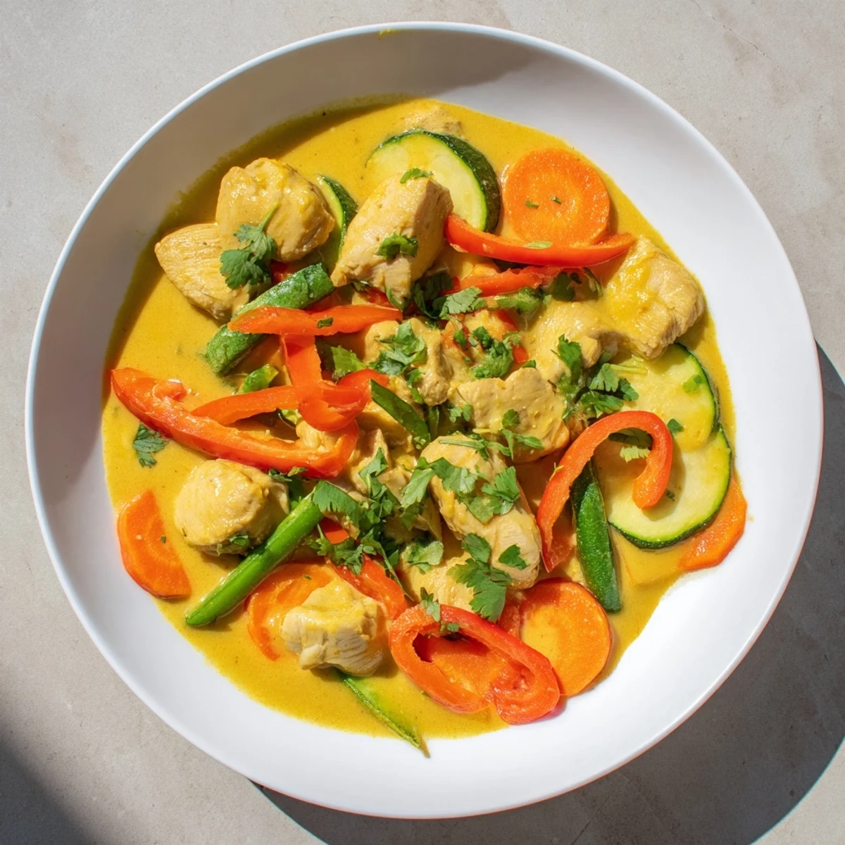 Creamy yellow jungle chicken curry with colorful vegetables in golden coconut sauce garnished with fresh cilantro