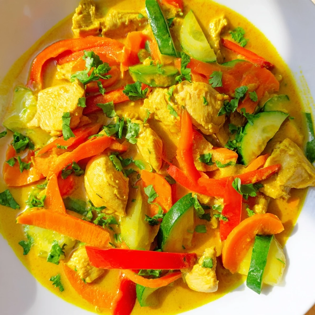 Tender chicken simmered in fragrant Thai yellow curry with bell peppers zucchini and carrots served over jasmine rice