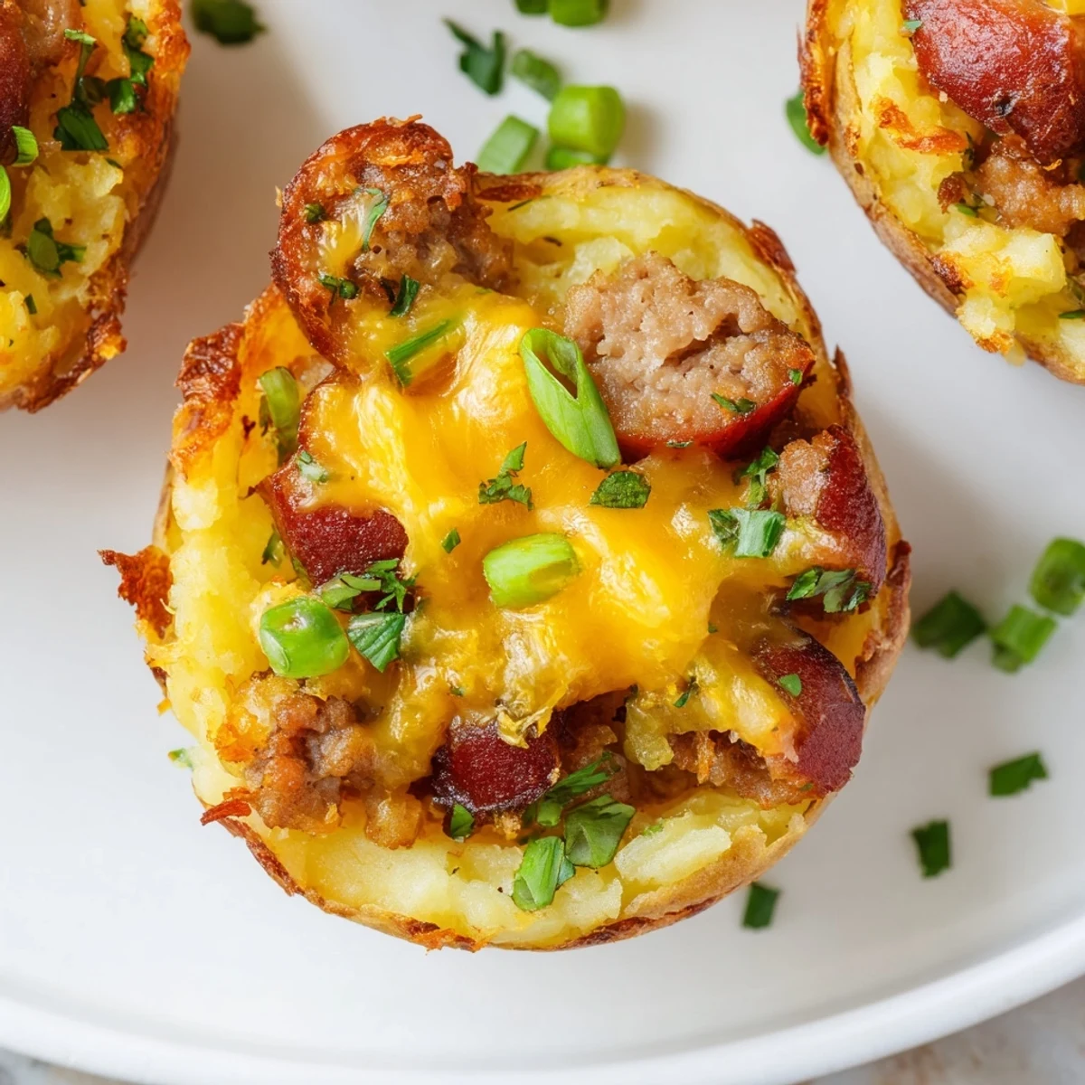 Bubbling Irish cheddar tops these St. Patricks Irish sausage and mashed potato cups fresh from oven