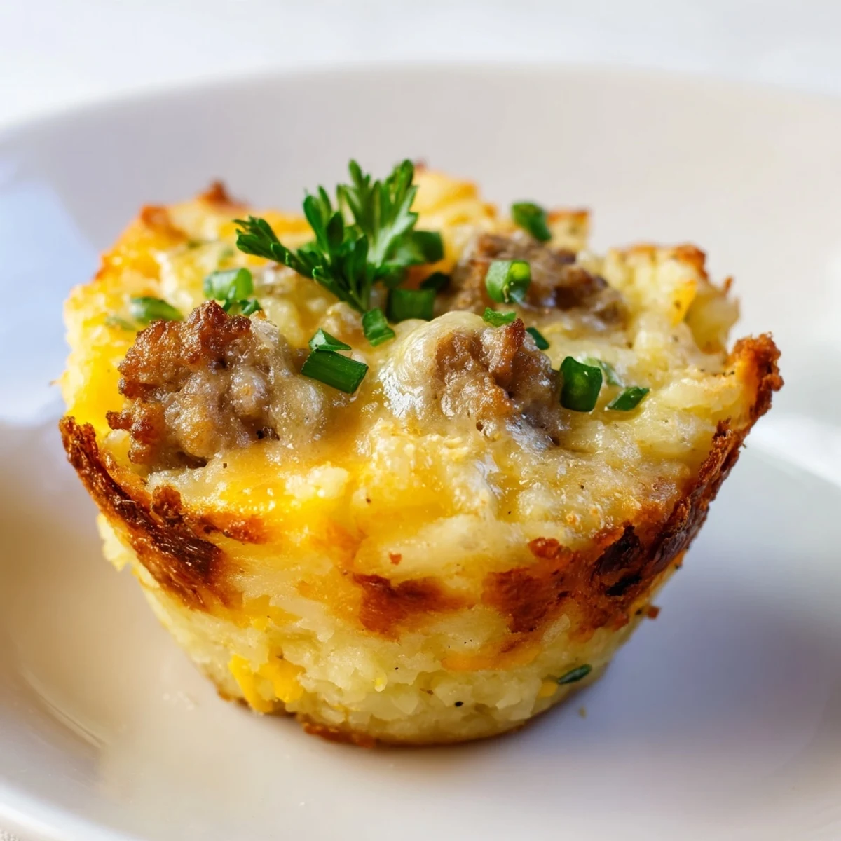 Festive muffin tin of St. Patricks Irish sausage and mashed potato cups with melted cheese crust