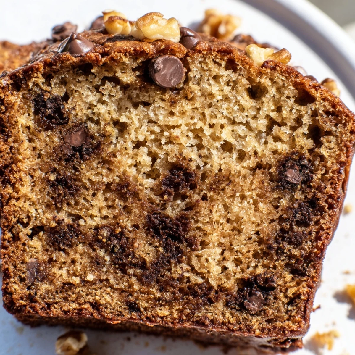 Golden brown super moist chocolate chip banana bread loaf with melted chocolate chunks on top