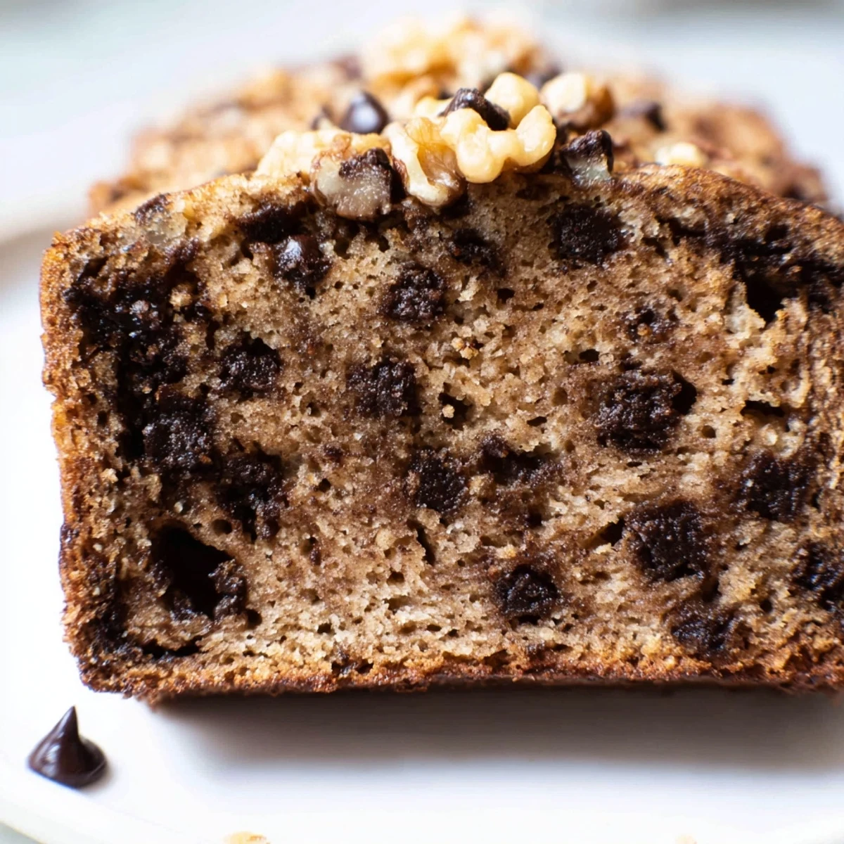 Thick slice of chocolate chip banana bread showing moist crumb texture and scattered chocolate morsels