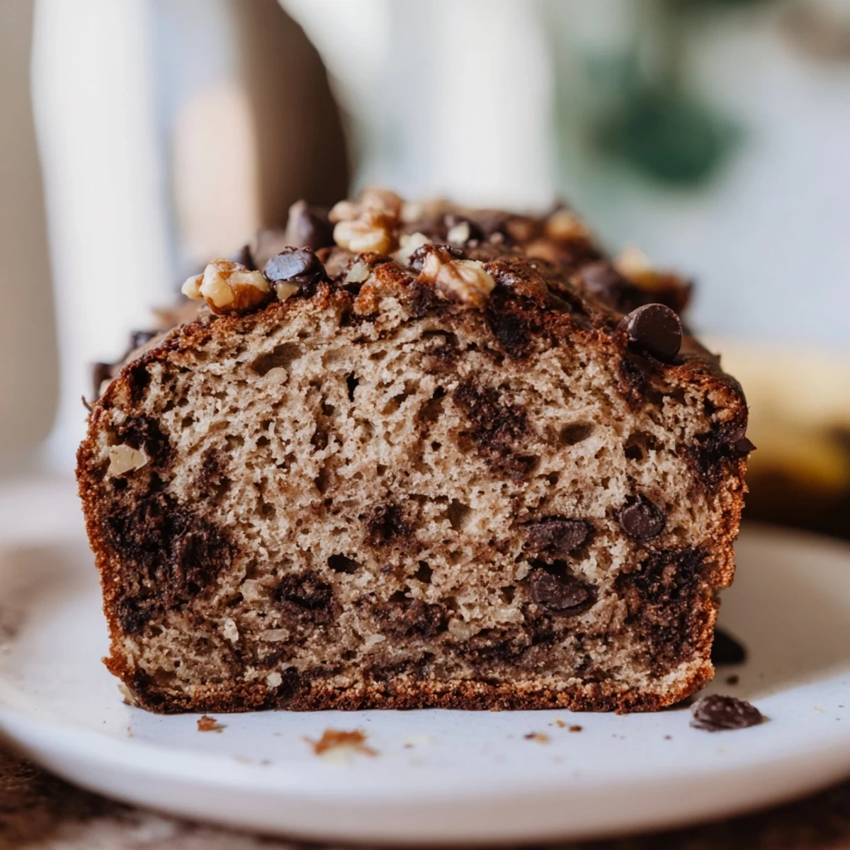Freshly baked chocolate chip banana bread cooling on wire rack with chocolate spotted crust
