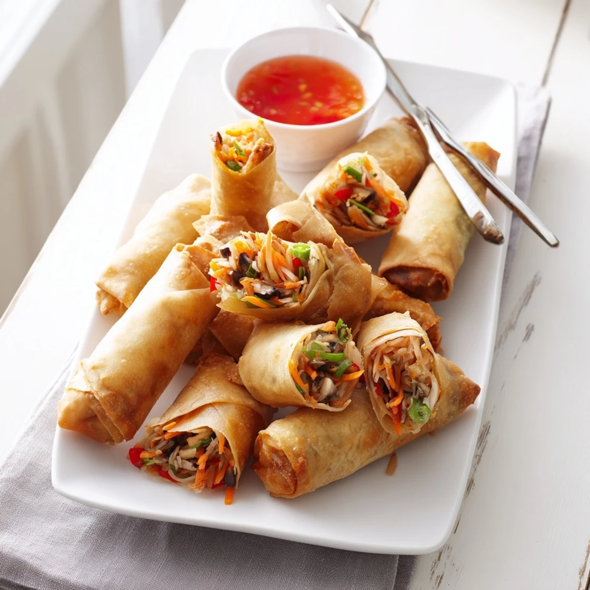 Golden brown crispy Chinese vegetable spring rolls filled with colorful shredded vegetables ready for serving