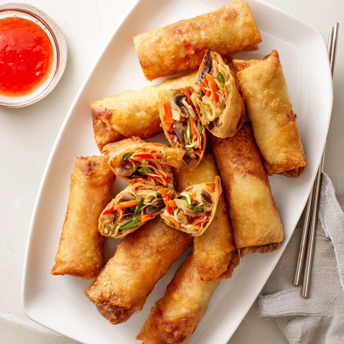 Handheld crispy Chinese vegetable spring rolls showcasing golden fried pastry with vibrant vegetable stuffing inside