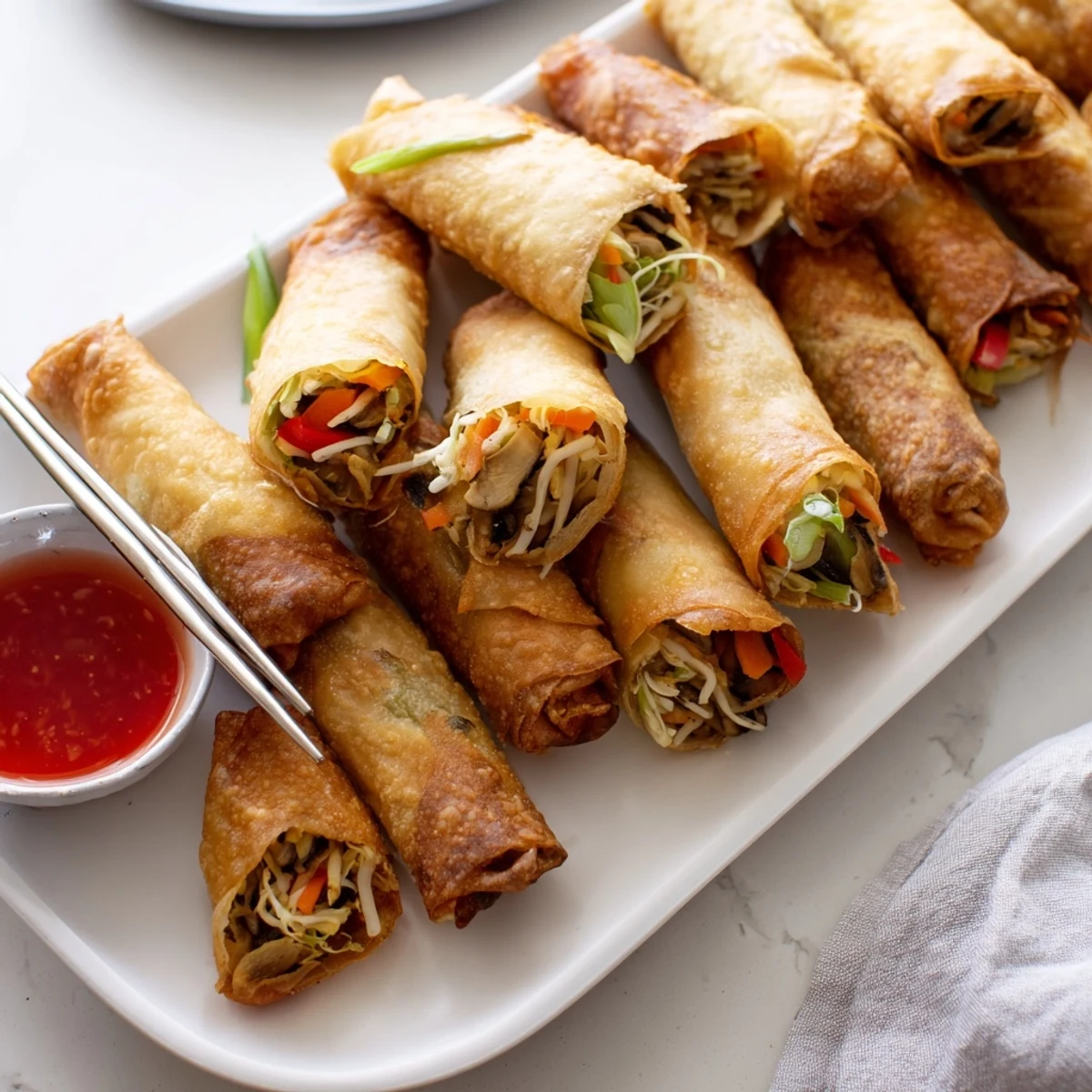 Plate of homemade Chinese vegetable spring rolls with crunchy cabbage carrot filling and golden exterior