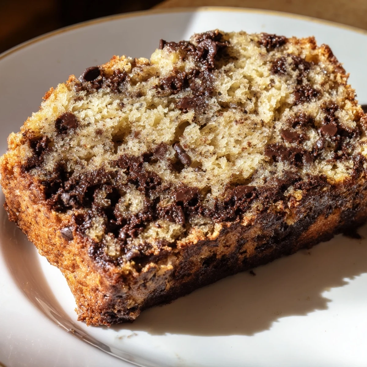 Golden chocolate chip banana bread loaf with melted chocolate chunks on top