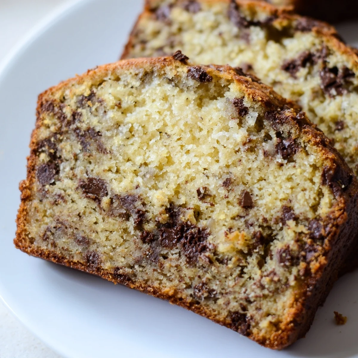 Moist banana bread slice studded with semi-sweet chocolate chips on a white plate