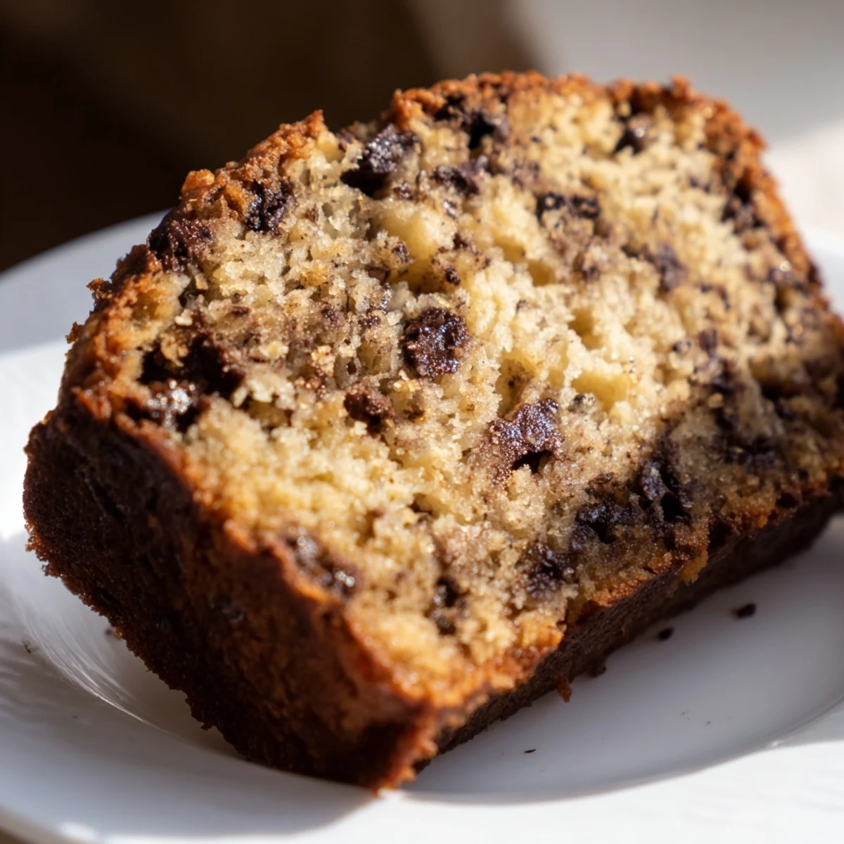Freshly baked chocolate chip banana bread cooling on wire rack with visible melty chips