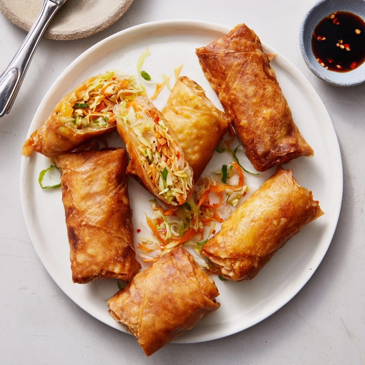 Crispy Air Fryer Spring Rolls featuring julienned carrots and cabbage in golden wrappers