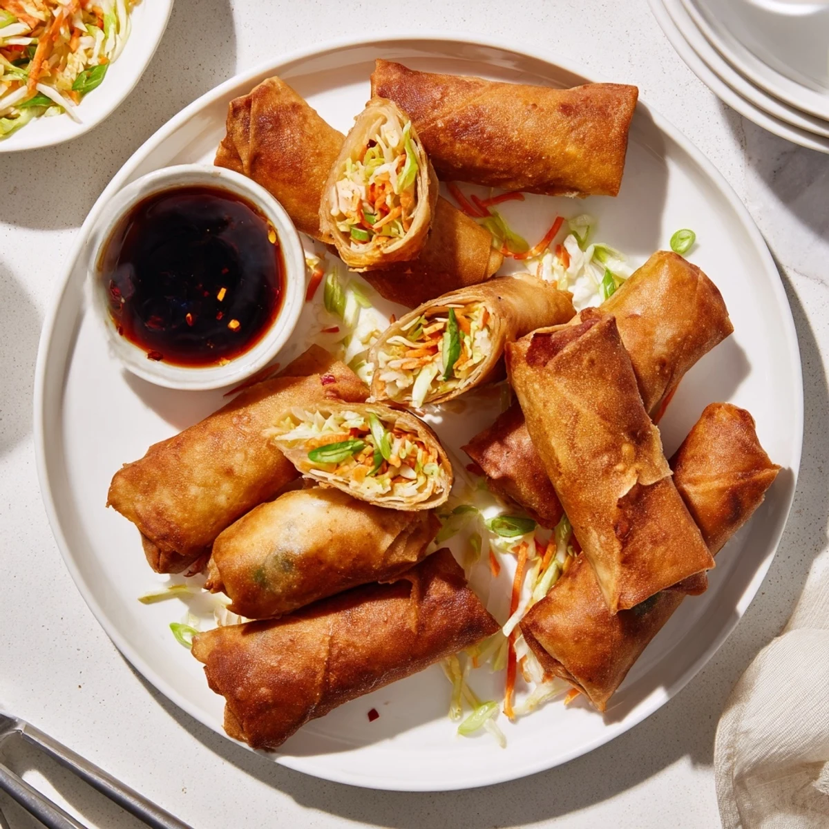 Golden Air Fryer Spring Rolls with crispy vegetable filling and tangy dipping sauce