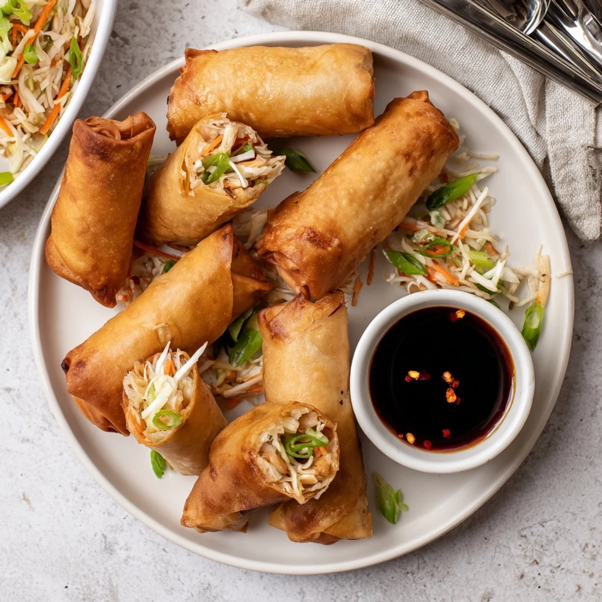 Homemade Air Fryer Spring rolls arranged on serving plate with savory vegetable stuffing visible