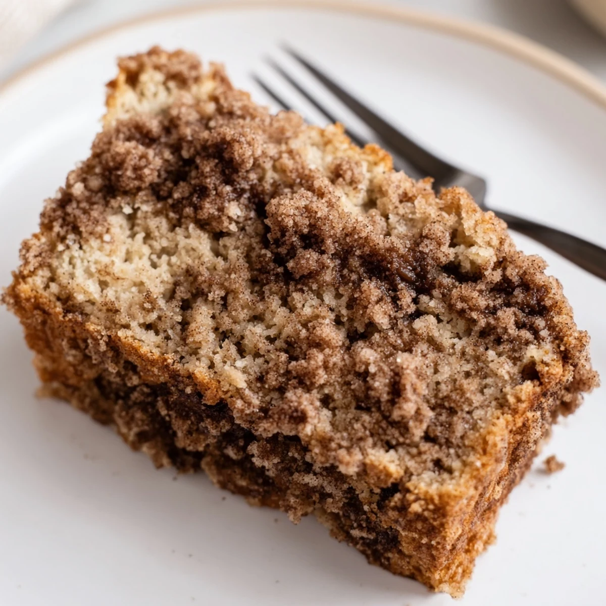 Golden cinnamon crumb banana bread loaf with crunchy topping on a rustic wooden board
