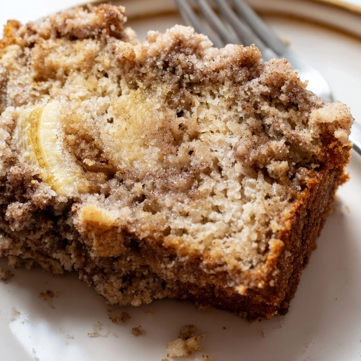 Homemade cinnamon crumb banana bread fresh from the oven with scattered cinnamon bits