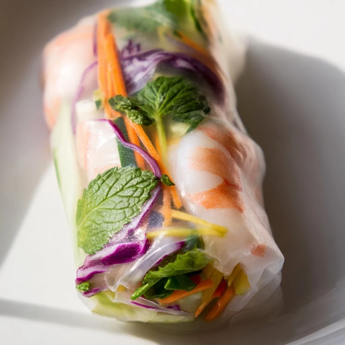 Thai shrimp rolls with peanut sauce arranged on platter with colorful julienned vegetables and creamy dipping bowl