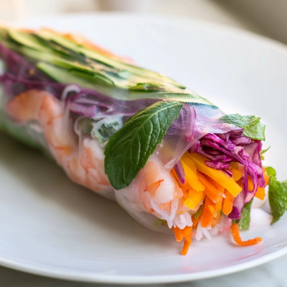 Handheld Thai shrimp rolls with peanut sauce displaying vibrant cabbage, carrots, and herbs through delicate wrappers