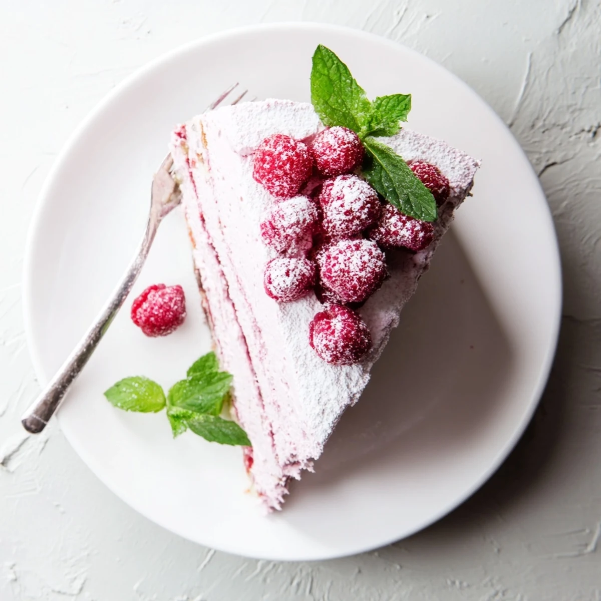 Elegant raspberry mousse cake featuring light almond sponge layers topped with fresh red berries