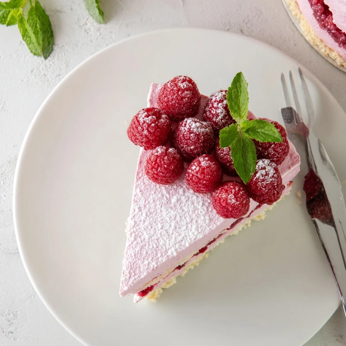 Creamy raspberry mousse cake with fluffy almond sponge base and glossy fruit garnish