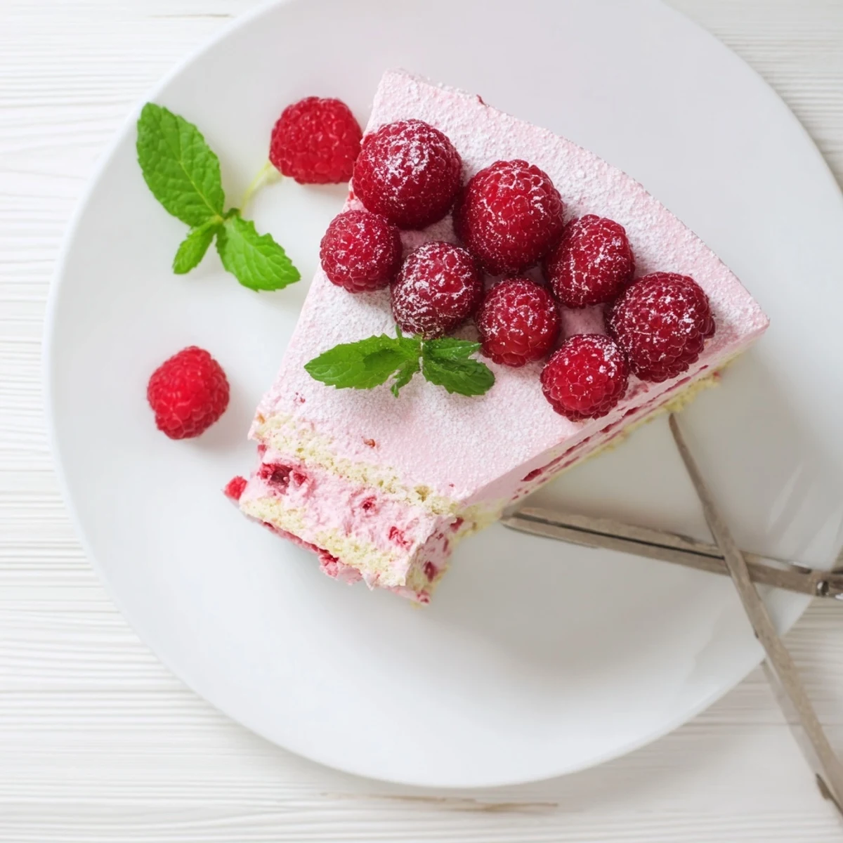 French-style raspberry mousse cake showcasing airy almond sponge beneath vibrant berry topping