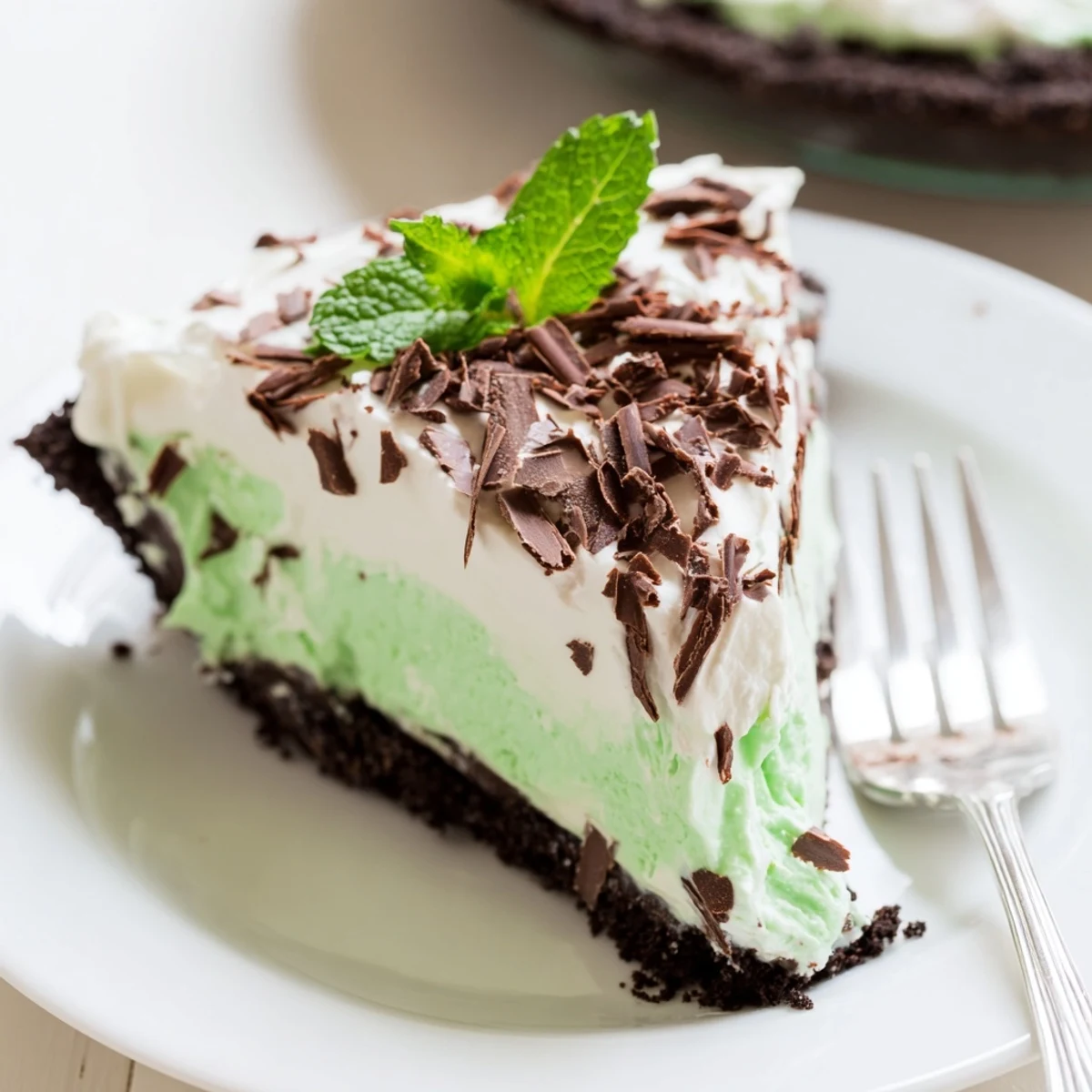 Freshly sliced Shamrock Swirl Pie showing vibrant green mint patterns against fluffy white whipped cream in a chocolate cookie crust