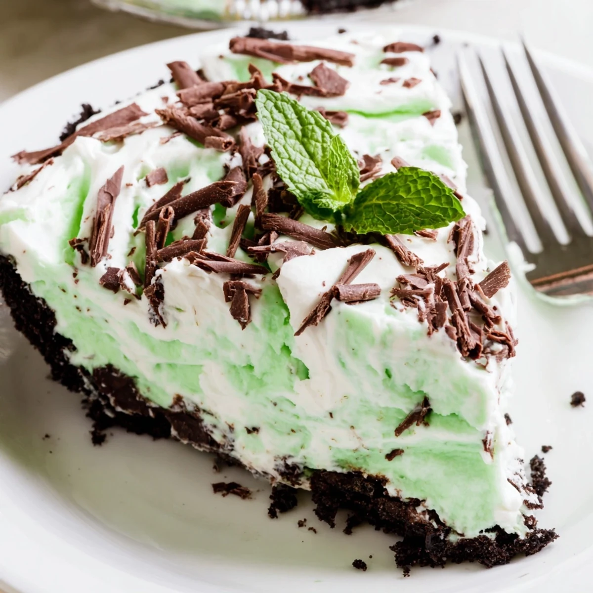 Creamy mint Shamrock Swirl Pie garnished with chocolate shavings and mint leaves on a white dessert plate for St. Patrick's Day