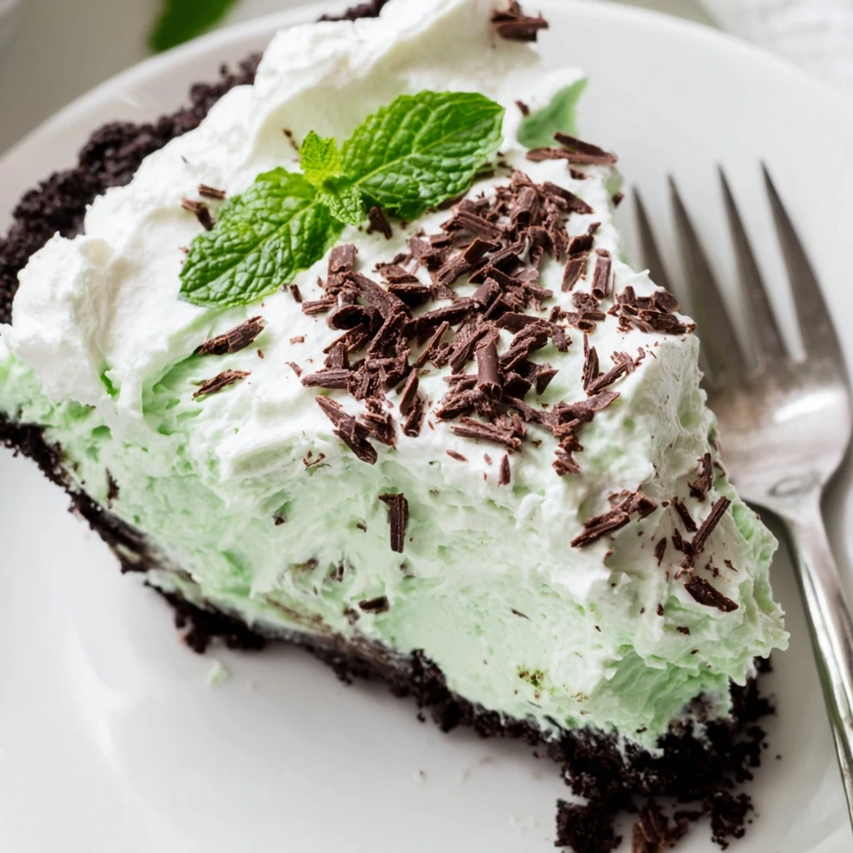Close-up of Shamrock Swirl Pie slice revealing the beautiful marbled green and white mint filling atop a crisp chocolate crust