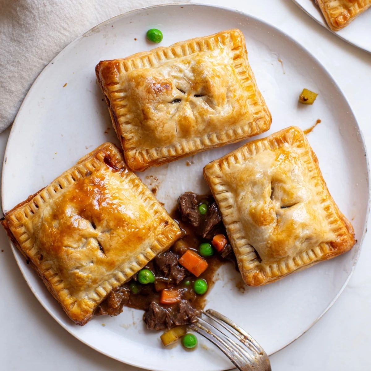 Golden brown crispy Irish Beef and Guinness hand pies with flaky puff pastry layers