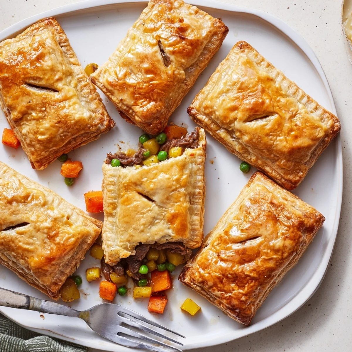 Bubbling beef and root vegetable filling inside buttery golden baked hand pies