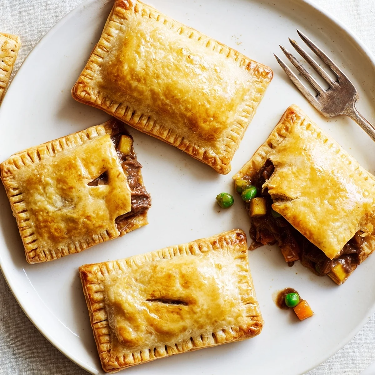 Whole handheld pastry stuffed with tender beef chunks in rich dark Guinness gravy