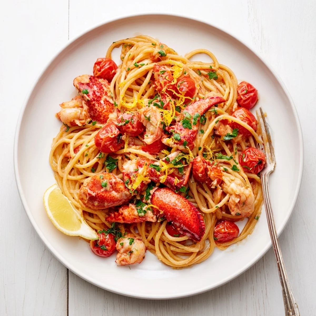 Tender lobster meat tossed with bucatini pasta in rich garlic tomato white wine sauce
