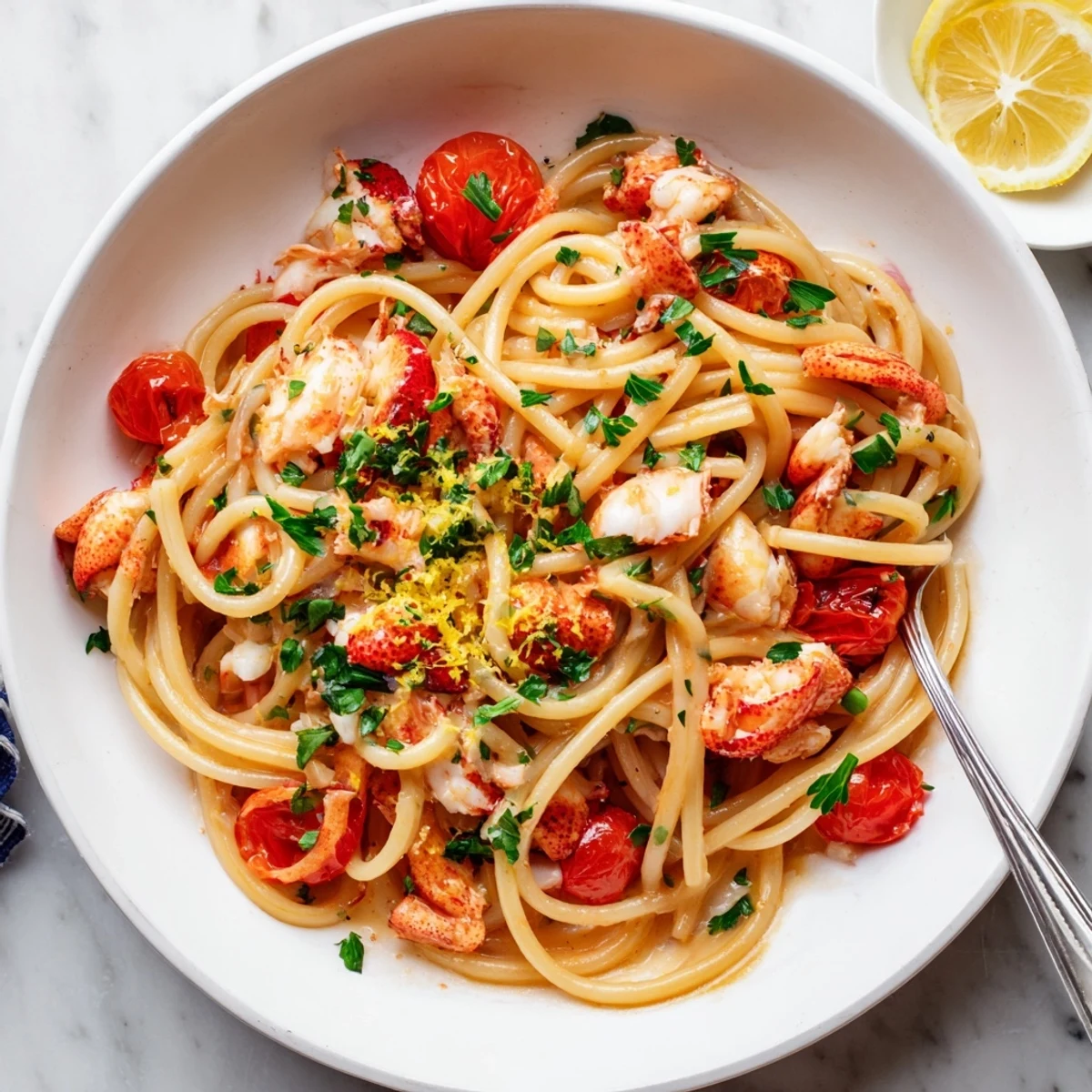 Luxurious lobster bucatini pasta featuring chunky lobster pieces in silky red wine and butter sauce