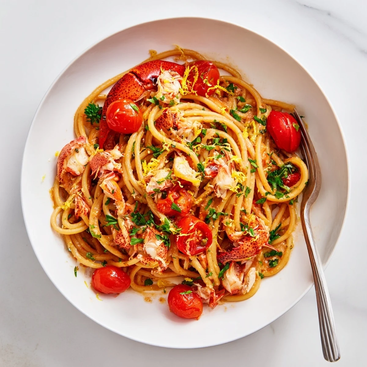 Golden lobster bucatini pasta dish garnished with fresh parsley and lemon zest on white plate